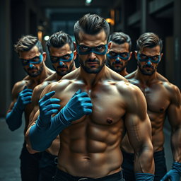 Un grupo de hombres ladrones con impactantes ojos azules, sin camisetas, mostrando sus cuerpos musculosos y tonificados