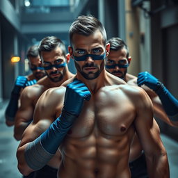 Un grupo de hombres ladrones con impactantes ojos azules, sin camisetas, mostrando sus cuerpos musculosos y tonificados