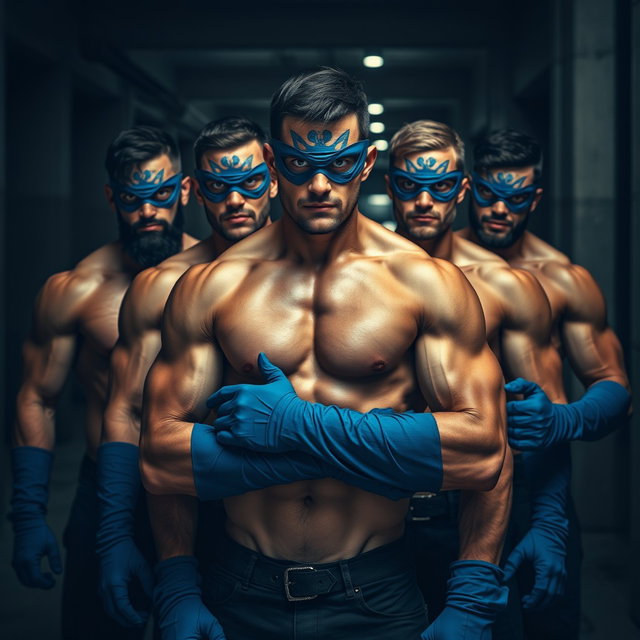 Un grupo de hombres ladrones con impactantes ojos azules, sin camisetas, mostrando sus cuerpos musculosos y tonificados