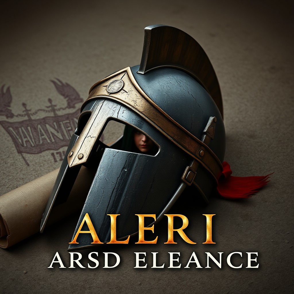 A stylized legionary helmet lying on a rough textured old scroll or forged steel, without an owner