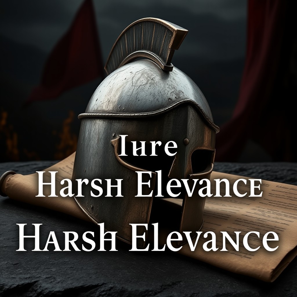 A stylized legionary helmet resting on a rough textured old scroll or forged steel, without an owner