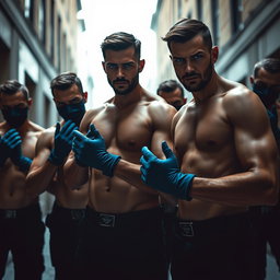 Un grupo de hombres ladrones con cautivadores ojos azules, sin camisetas, mostrando sus cuerpos robustos y bien definidos