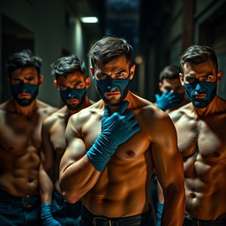 Un grupo de hombres ladrones con cautivadores ojos azules, sin camisetas, mostrando sus cuerpos robustos y bien definidos