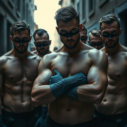 Un grupo de hombres ladrones con cautivadores ojos azules, sin camisetas, mostrando sus cuerpos robustos y bien definidos