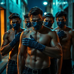 Un grupo de hombres ladrones con cautivadores ojos azules, sin camisetas, mostrando sus cuerpos robustos y bien definidos