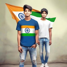 A 20 year old boy named 'AANAND' in modern clothes such as a jeans jacket and t-shirt, boldly holding the flag of India with 'AANAND' printed on his t-shirt