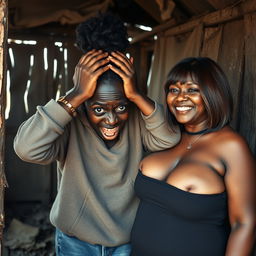 Inside an abandoned, rundown shack, a 19-year-old malnourished African woman with deeply rich black skin is captured in a moment of distress, holding her head with her hands, her wide eyes showing panic and despair