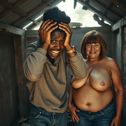 Inside an abandoned, rundown shack, a 19-year-old malnourished African woman with deeply rich black skin is captured in a moment of distress, holding her head with her hands, her wide eyes showing panic and despair