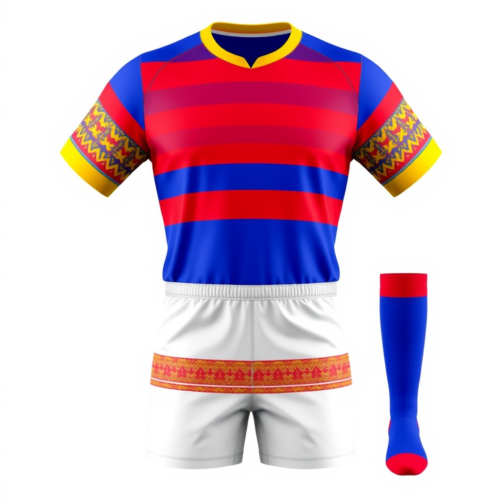 A professional rugby jersey design mockup featuring a front view of the jersey, shorts, and socks