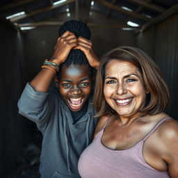 Inside an abandoned, rundown shack, a 19-year-old malnourished African woman with deeply rich black skin is captured in a moment of despair, holding her head with her hands, her wide eyes expressing panic and distress