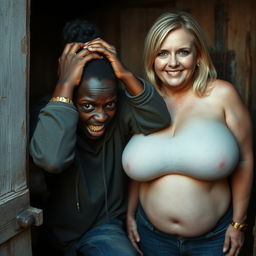 Inside an abandoned, rundown shack, a 19-year-old malnourished African woman with deeply rich black skin is portrayed in a moment of despair, holding her head with her hands, her wide eyes reflecting panic and terror