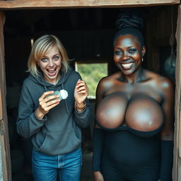 In an abandoned poor shack, a 19-year-old malnourished evil-looking blonde woman with blue eyes holds a baby bottle, her eyes wide and manic as she screams and smiles