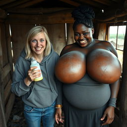 In an abandoned poor shack, a 19-year-old malnourished evil-looking blonde woman with blue eyes holds a baby bottle, her eyes wide and manic as she screams and smiles