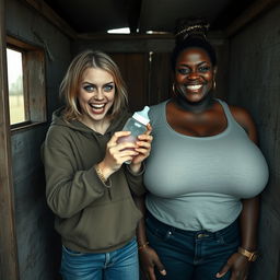 In an abandoned poor shack, a 19-year-old malnourished evil-looking blonde woman with blue eyes holds a baby bottle, her eyes wide and manic as she screams and smiles