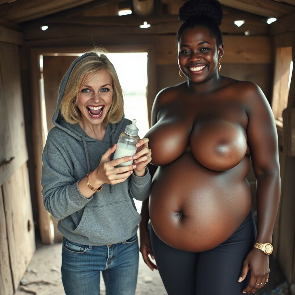 In an abandoned poor shack, a 22-year-old malnourished evil-looking blonde woman with blue eyes holds a baby bottle, her eyes wide and manic as she screams and smiles