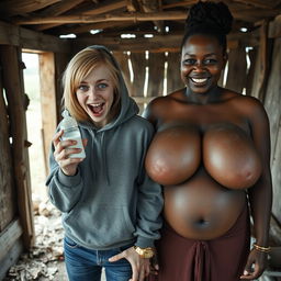 In an abandoned poor shack, a 19-year-old malnourished evil-looking blonde woman with blue eyes holds a baby bottle, her eyes wide and manic as she screams and smiles