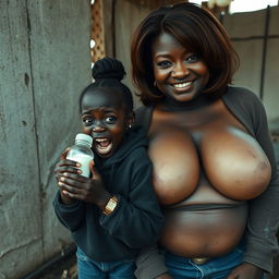 In a neglected, abandoned shack, a very small and unsettling 19-year-old African woman with deep black skin holds a baby bottle filled with milk