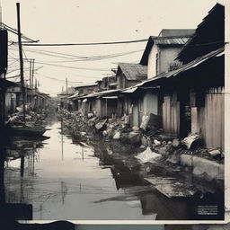 Design a visually impactful poster highlighting a barangay scene - it showcases a brooding, dark road with sparse homes on its left. The road is slightly marred by trash, a canal alongside it tinged with a bit of grime.