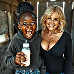 In a dilapidated, abandoned shack, a vivid scene depicts a malnourished 19-year-old African woman of short stature, characterized by her very dark skin