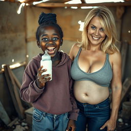 In a dilapidated, abandoned shack, a vivid scene depicts a malnourished 19-year-old African woman of short stature, characterized by her very dark skin