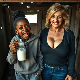 In a dilapidated, abandoned shack, a vivid scene depicts a malnourished 19-year-old African woman of short stature, characterized by her very dark skin