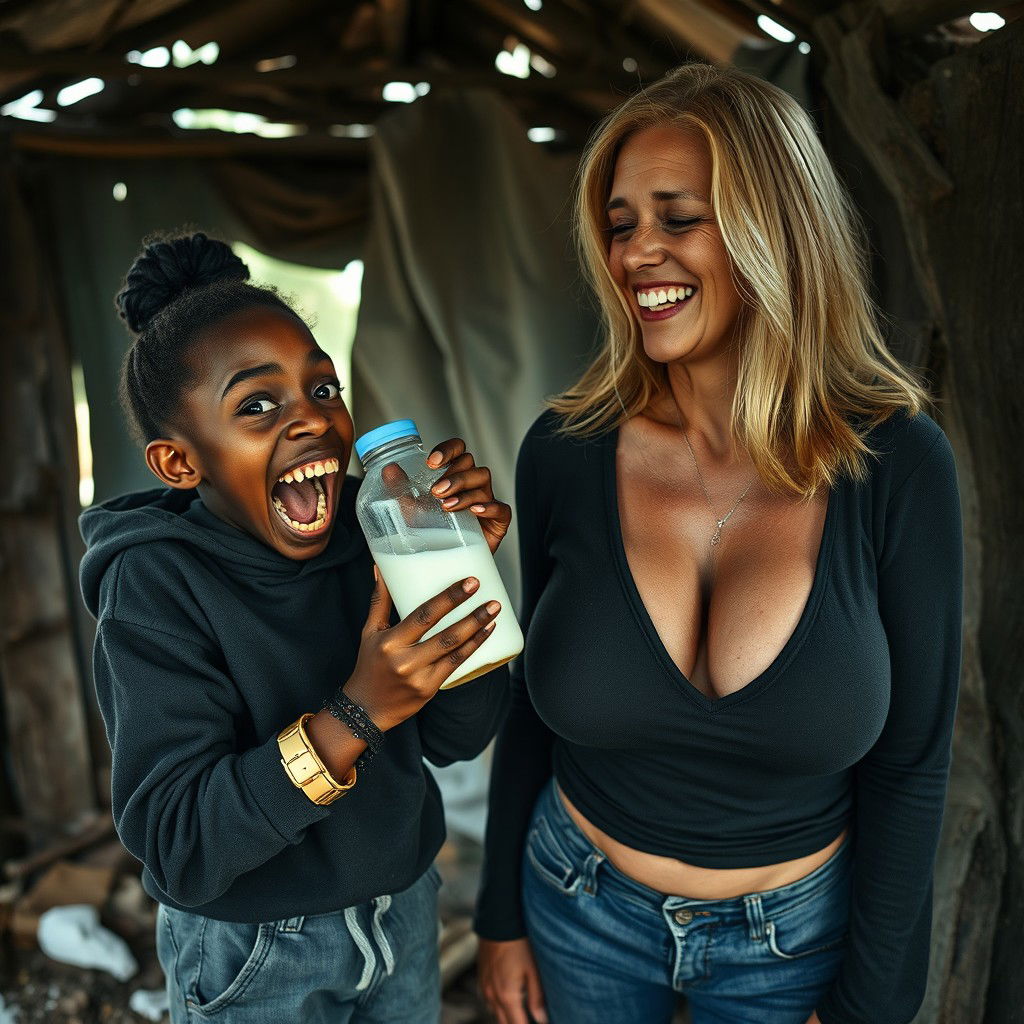 In a dilapidated, impoverished shack, a striking scene unfolds featuring a malnourished 19-year-old African woman of short stature, characterized by her very dark skin