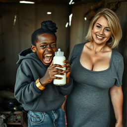 In a dilapidated, impoverished shack, a striking scene unfolds featuring a malnourished 19-year-old African woman of short stature, characterized by her very dark skin