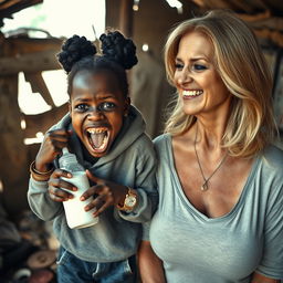 In a dilapidated, impoverished shack, a striking scene unfolds featuring a malnourished 19-year-old African woman of short stature, characterized by her very dark skin