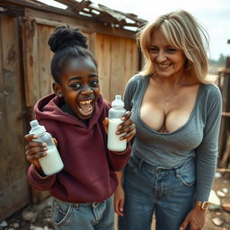 In a rundown, abandoned shack, a memorable scene unfolds featuring a 19-year-old malnourished African woman of diminutive stature with deeply dark skin