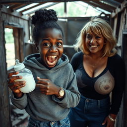 In a rundown, abandoned shack, a memorable scene unfolds featuring a 19-year-old malnourished African woman of diminutive stature with deeply dark skin