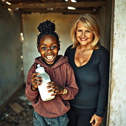 In a rundown, abandoned shack, a memorable scene unfolds featuring a 19-year-old malnourished African woman of diminutive stature with deeply dark skin
