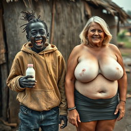 In a poor African village, a vibrant and eccentric scene is depicted