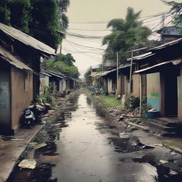 Design a visually impactful poster highlighting a barangay scene - it showcases a brooding, dark road with sparse homes on its left. The road is slightly marred by trash, a canal alongside it tinged with a bit of grime.