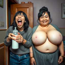 Inside a Chinese house, a frantic 19-year-old malnourished Chinese woman, holding a baby bottle filled with milk, screams wildly with her mouth open