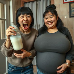 Inside a Chinese house, a frantic 19-year-old malnourished Chinese woman, holding a baby bottle filled with milk, screams wildly with her mouth open