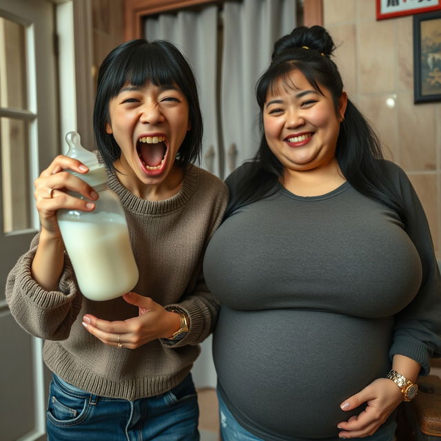 Inside a Chinese house, a frantic 19-year-old malnourished Chinese woman, holding a baby bottle filled with milk, screams wildly with her mouth open