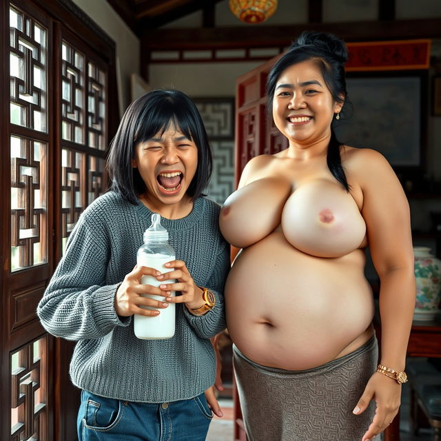 Inside a traditional Chinese house, a frantic 19-year-old malnourished Chinese woman holds a baby bottle filled with milk, her yellowed and decayed teeth visible as she screams wildly with her mouth open