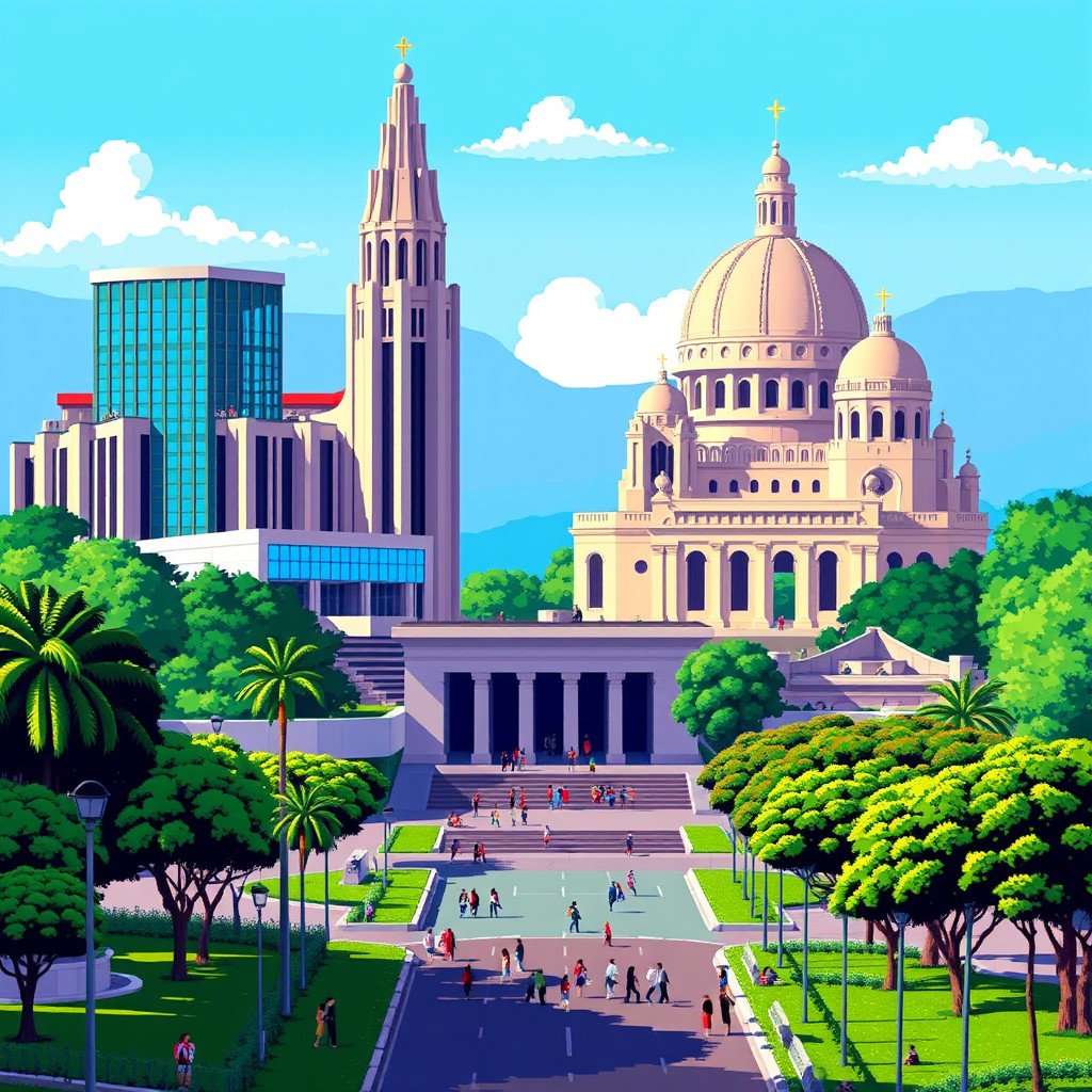 A vibrant and colorful pixel art representation of Brasília, Brazil, showcasing its iconic modernist architecture such as the National Cathedral with its unique glass and concrete structure, the Palácio da Alvorada, and the National Congress building with its distinctive dome shapes