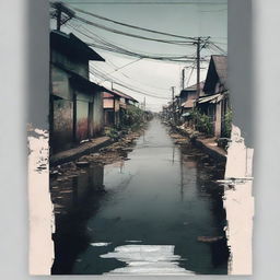 Design a visually impactful poster highlighting a barangay scene - it showcases a brooding, dark road with sparse homes on its left. The road is slightly marred by trash, a canal alongside it tinged with a bit of grime.