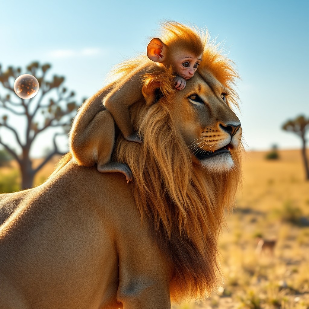 A playful scene of a monkey sitting on the back of a majestic lion in a sunlit savanna landscape
