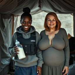Inside a makeshift shelter, a sinister young African woman, 19 years old, stands with an evil grin, holding a baby bottle filled with milk