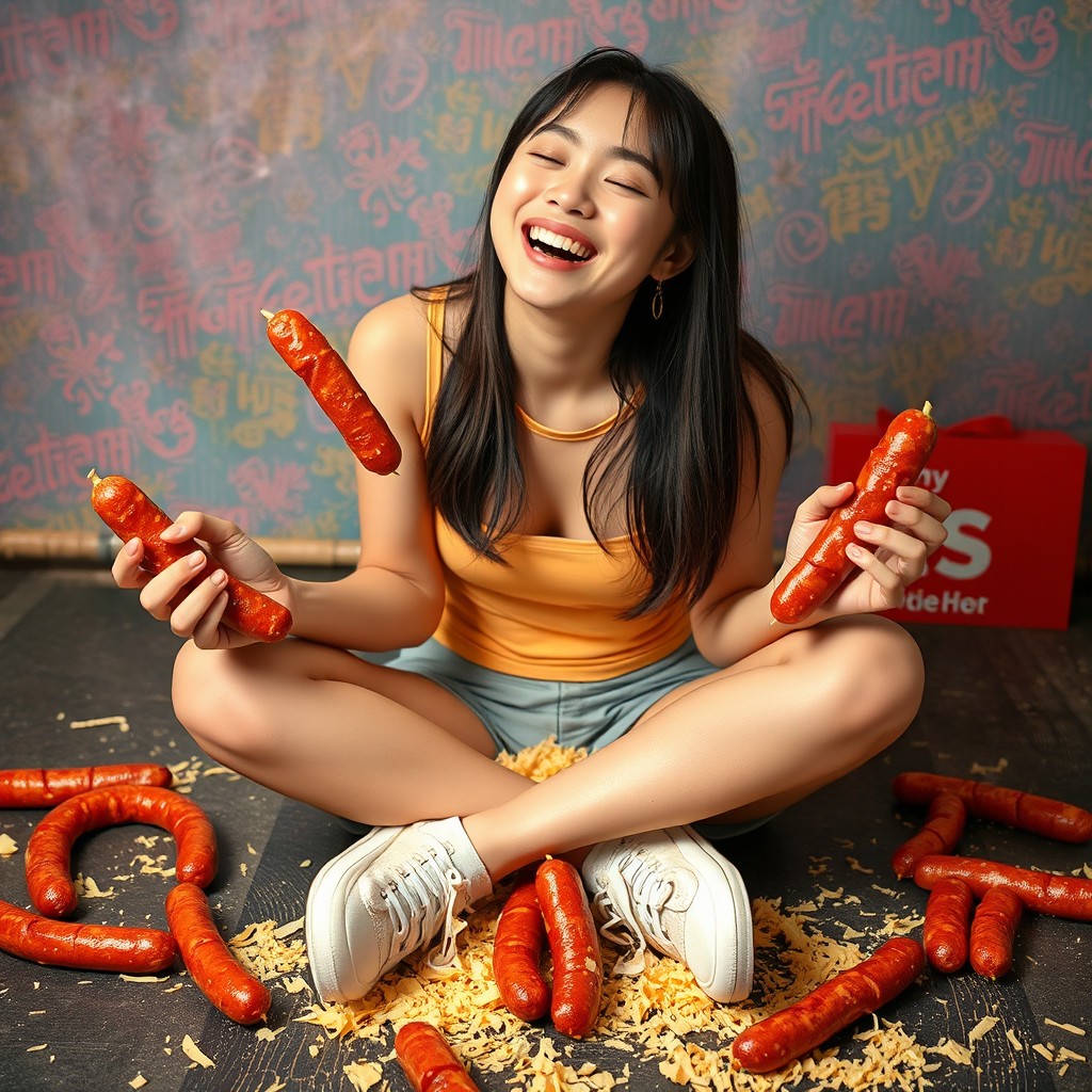 A hot Korean girl, 18 years old, sitting criss-cross on the ground with a joyful smile and her eyes closed