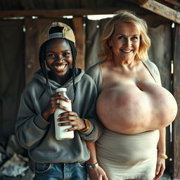 In a rundown shack, a sinister and malnourished 19-year-old African woman stands holding a milk bottle