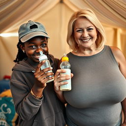 In a tent in Africa, a 19-year-old dark-skinned African woman with a mischievous smile holds a baby bottle