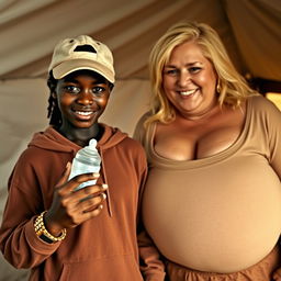 In a tent in Africa, a 19-year-old dark-skinned African woman with a sly, malevolent smile holds a baby bottle