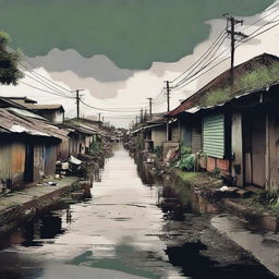 Design a visually impactful poster highlighting a barangay scene - it showcases a brooding, dark road with sparse homes on its left. The road is slightly marred by trash, a canal alongside it tinged with a bit of grime.