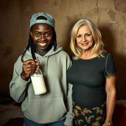 Inside a poor room in Africa, a 19-year-old African woman with very dark black skin exudes a sinister vibe as she holds a baby bottle filled with milk