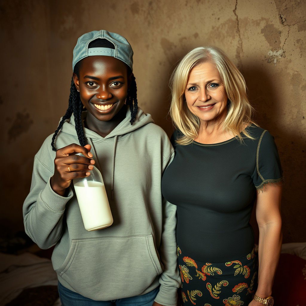 Inside a poor room in Africa, a 19-year-old African woman with very dark black skin exudes a sinister vibe as she holds a baby bottle filled with milk