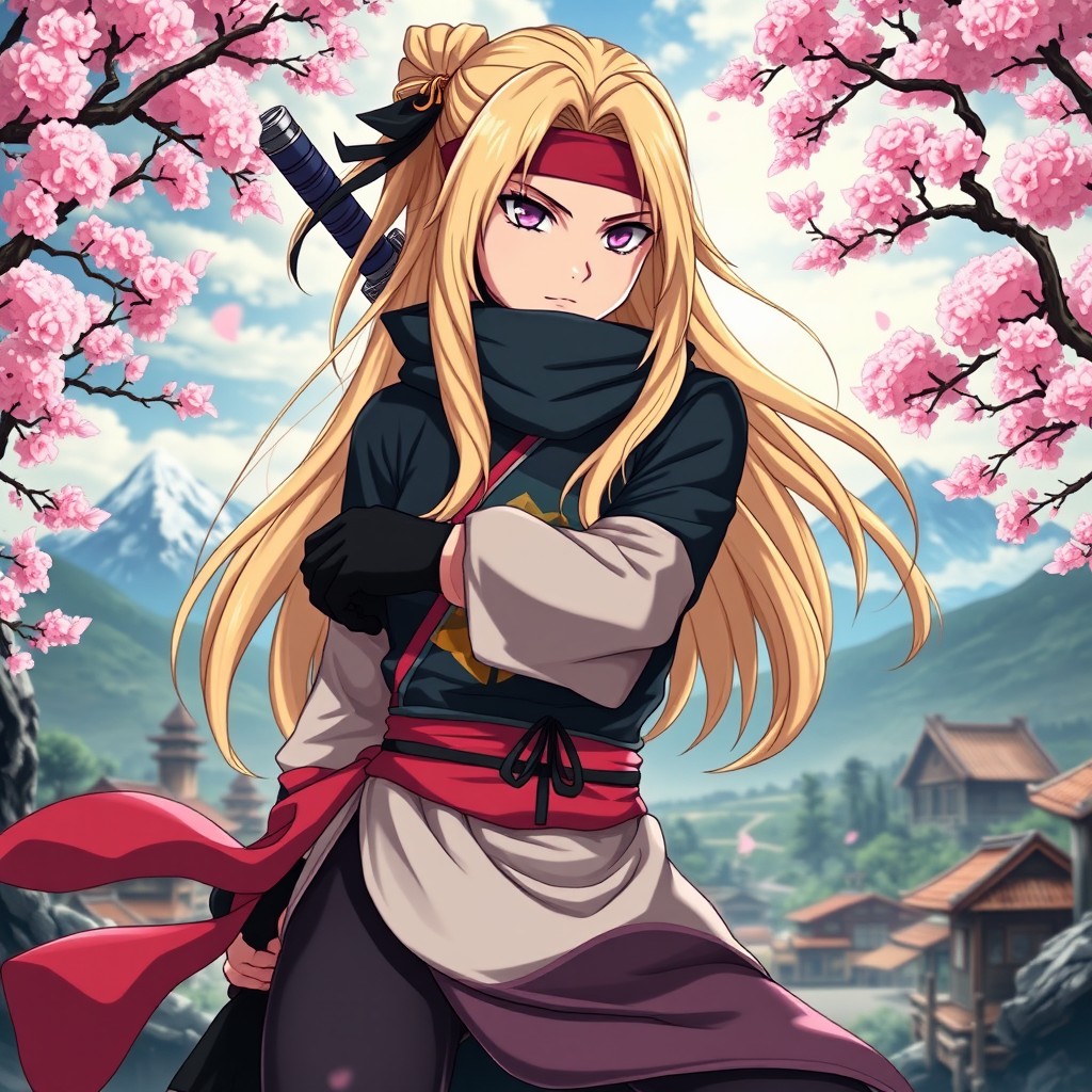 A powerful and confident female ninja character inspired by Tsunade from anime, featuring long blonde hair and a determined expression