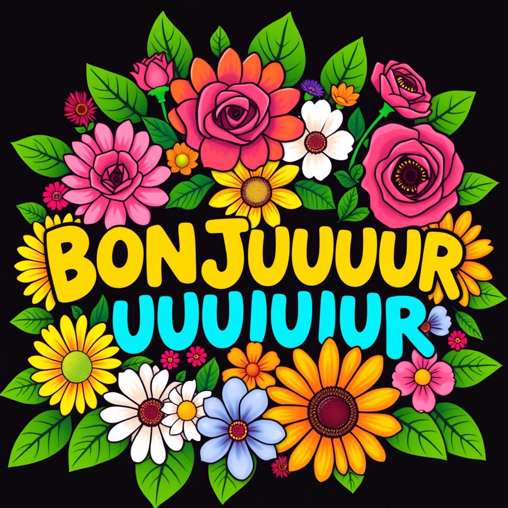 A colorful and vibrant t-shirt design inspired by flowers, featuring a bold and cheerful arrangement of various types of flowers, including daisies, roses, and sunflowers, with lush green leaves all around